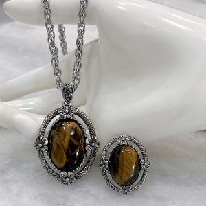 South African Tiger’s Eye Black Oxidized Silver Floral Ring and Necklace Set